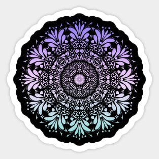 Purple and Teal Ombre Floral Leaf Mandala Flower on Black Sticker